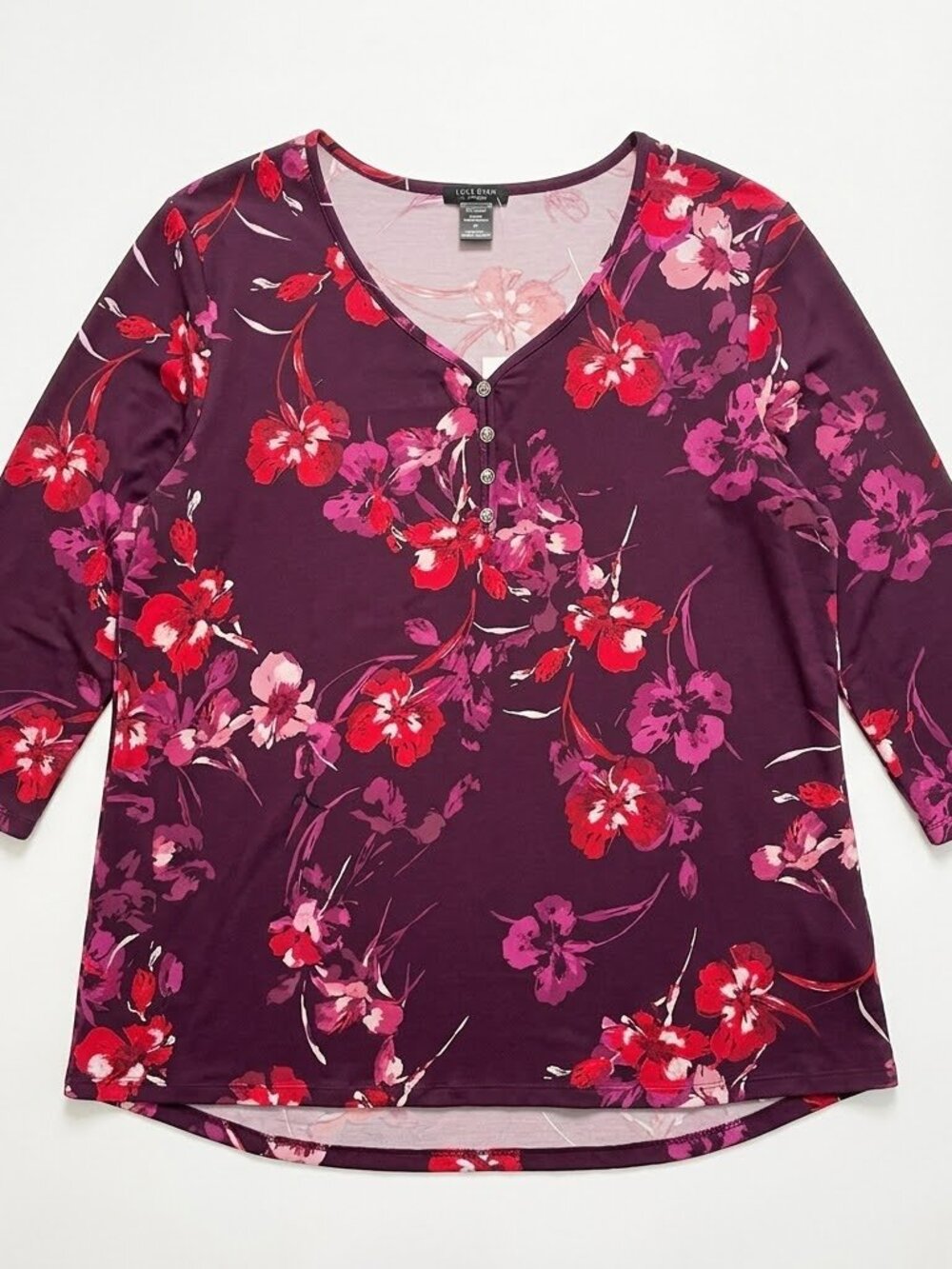 Love Ryan Women's 2X Tunic Top Plum Fuchsia Red Floral 3/4 Sleeve V-Neck Henley
